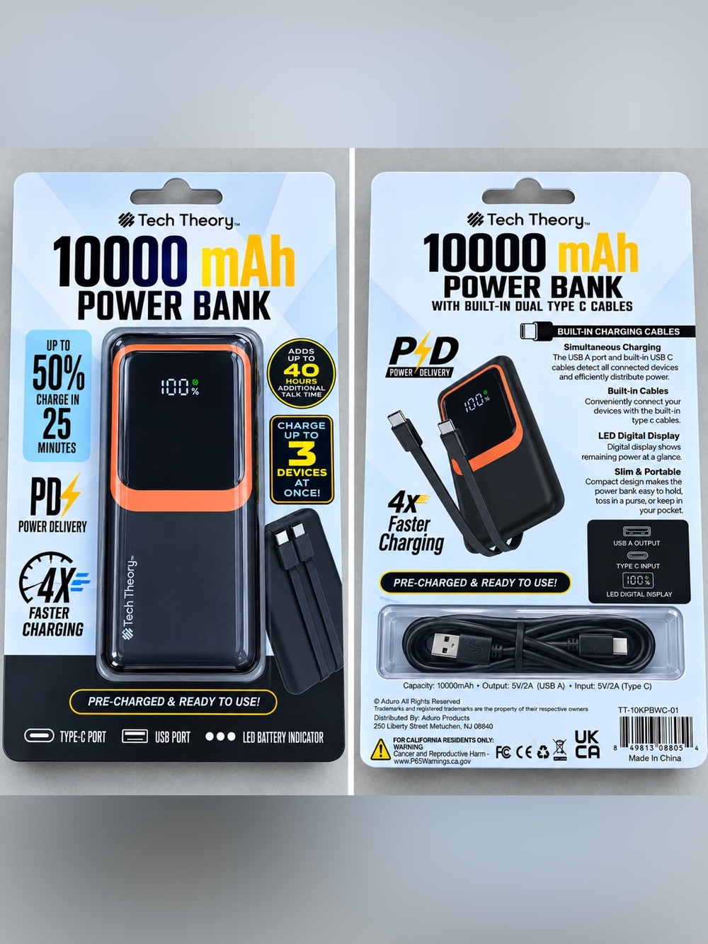 Theory 10000 mAh Power Bank Portable Charger - Black with Orange Accent